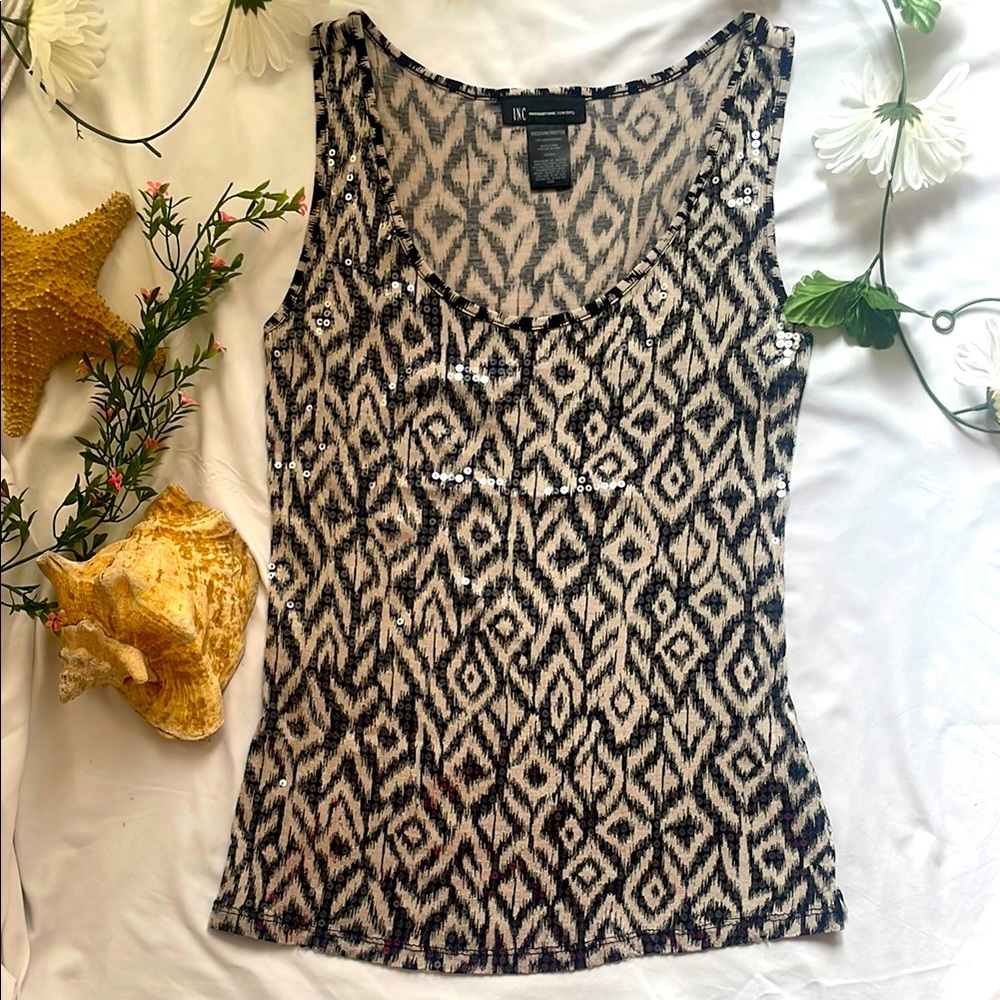 INC International Concepts Black White Sequin Tie Front Tank Top M